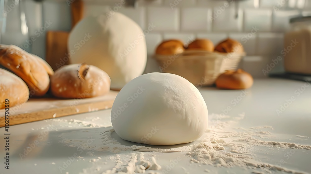 A white small round dough ball in the kitchen, nearby are some already baked breads, Generative AI illustrations. A white small round dough ball in the kitchen, nearby are some already baked breads, Generative AI illustrations.