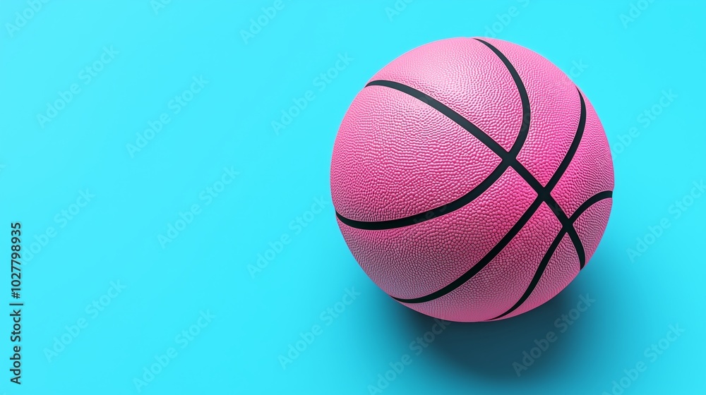 Vibrant Pink Basketball with Smooth Textured Surface and Black Lines Against Solid Blue Background in Minimalist Design Vibrant Pink Basketball with Smooth Textured Surface and Black Lines Against Solid Blue Background in Minimalist Design