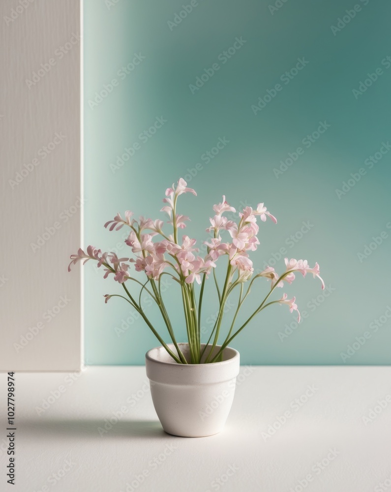 Pink Flowers in a Pot on a Teal Background. Pink Flowers in a Pot on a Teal Background.