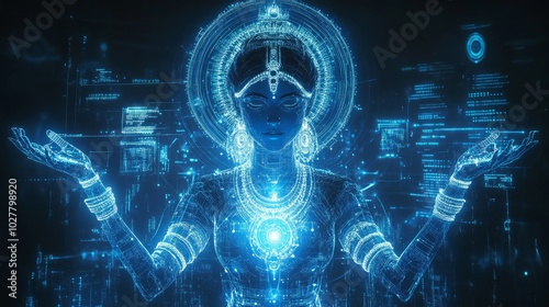 A futuristic holographic figure with a serene expression, surrounded by glowing data.