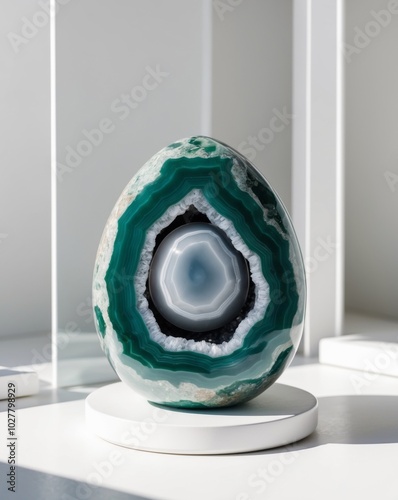 Thunder Egg Agate Geode featuring Grey Agate Orb and Green Rhyolite Matrix. photo