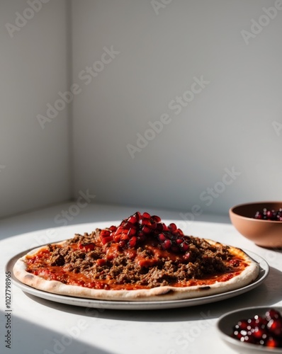 Minced meat pizza topped with tomato sauce and pomegranate molasses.