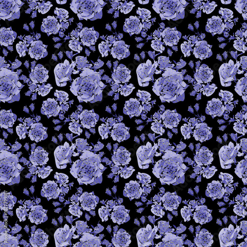 Floral, grey roses blue seamless pattern. Seamless vector pattern of twigs with rosebuds. Seamless vector pattern of rose twigs with buds. Sprigs of roses with buds. Rosebuds.