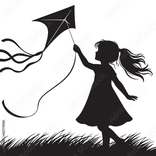 A child flying a kite silhouette vector art illustration design black color white background