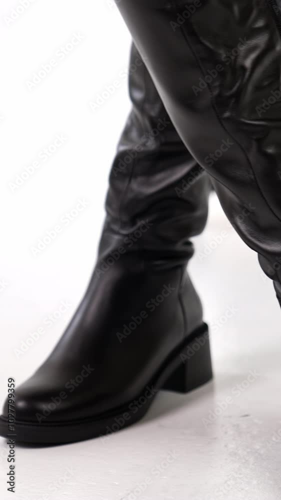 Beautiful elegant stylish female boots presentation. Lady turning and showing fashionable footwear at white floor backdrop. Close up. Vertical video Beautiful elegant stylish female boots presentation. Lady turning and showing fashionable footwear at white floor backdrop. Close up. Vertical video