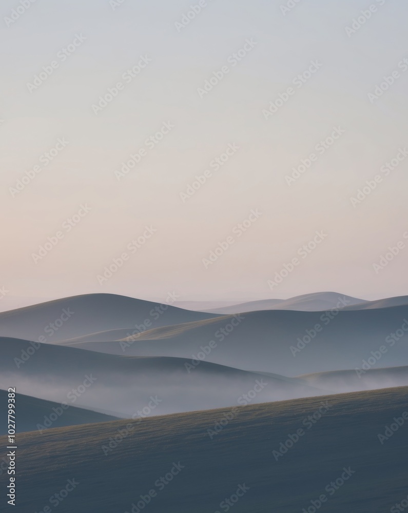 Misty Morning Serenity Layers of Hills Fade into the Distance beneath Serene Dawn Landscape. Misty Morning Serenity Layers of Hills Fade into the Distance beneath Serene Dawn Landscape.