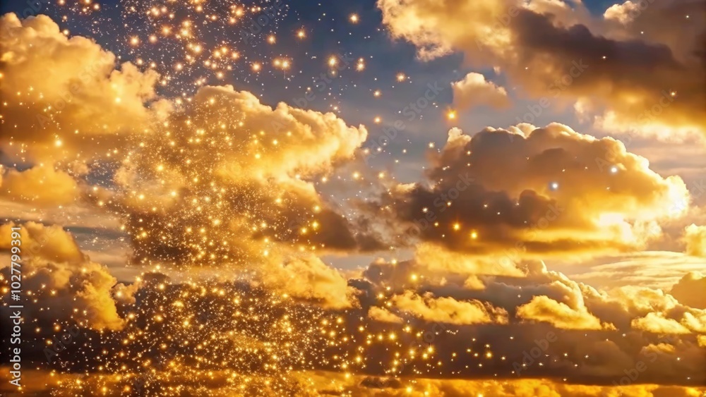 Obraz premium Golden Sky with Scattered Light Specks and Clouds