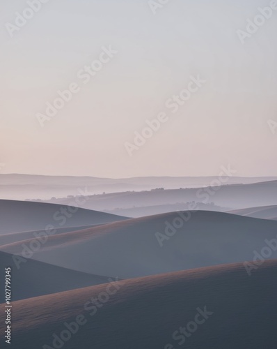 Misty Morning Serenity Layers of Hills Fade into the Distance beneath Serene Dawn Landscape. photo