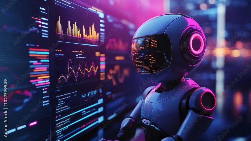 A futuristic robot analyzes data on screens in a high-tech environment. A futuristic robot analyzes data on screens in a high-tech environment.