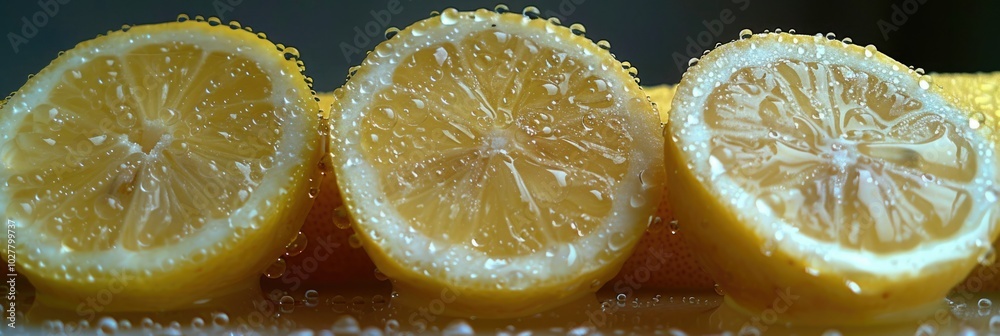 Freshly cut lemon slices with bright yellow color and water droplets in a natural setting Freshly cut lemon slices with bright yellow color and water droplets in a natural setting