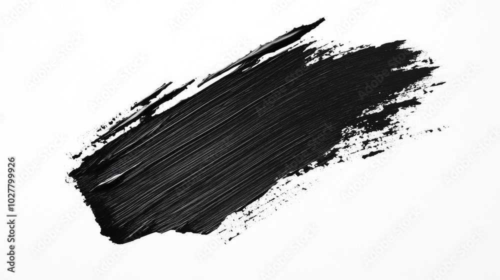 Dramatic black paintbrush stroke with irregular texture on a stark white background Dramatic black paintbrush stroke with irregular texture on a stark white background