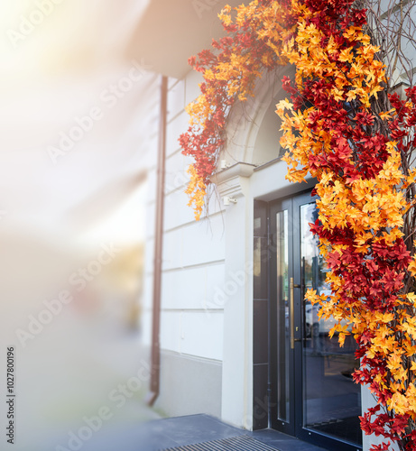 Autumn installation above the entrance door to the building, festive decor. Beautiful background, space for copy, text and advertising. Autumn red and yellow leaves above the entrance to the