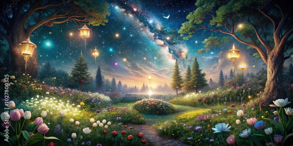 Fototapeta premium Enchanted ethereal garden glowing under starry night sky in dreamy surreal landscape, worm's eye view
