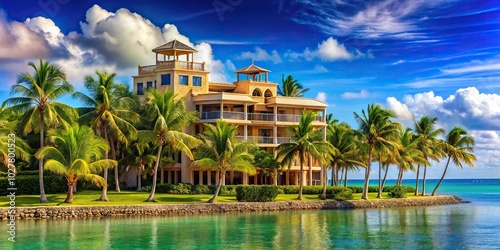 Expensive building in tropical paradise with palm trees, blue ocean, and white canvas for mockups