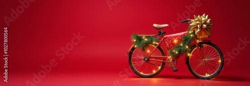 wrapped bicycle decorated for christmas on red background, banner with space for text, gifts for holiday, sport gifts, online gift shop, seasonal sales.