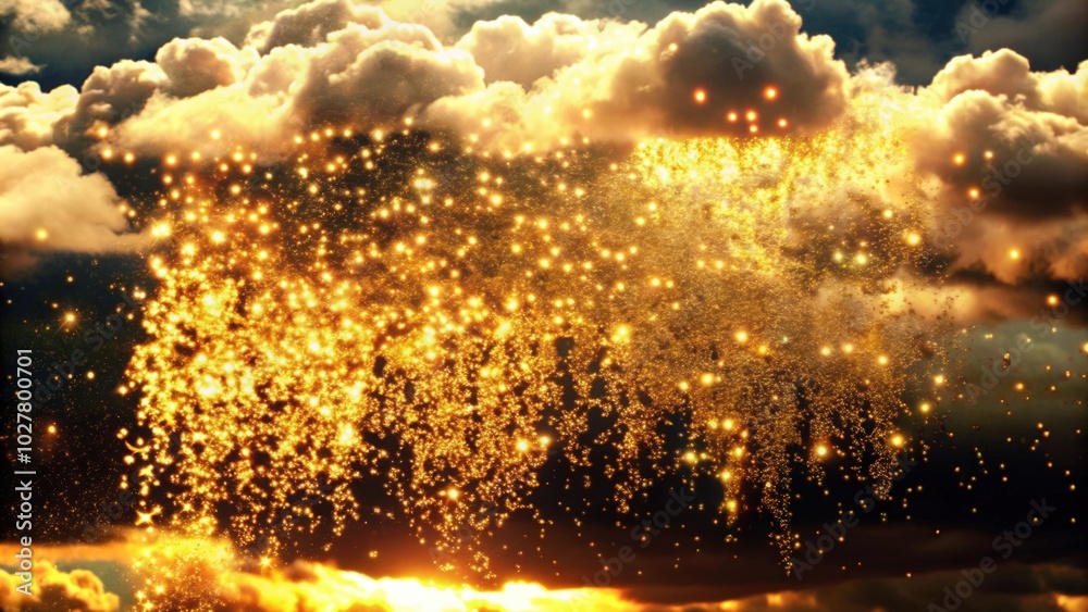 Naklejka premium Golden Sparkles Falling from Clouds at Sunset