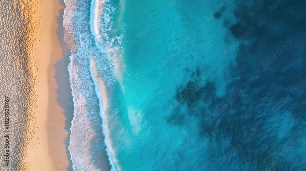 Drone perspective of a clear blue sea and golden sandy beach, with waves gently crashing under bright sunlight Drone perspective of a clear blue sea and golden sandy beach, with waves gently crashing under bright sunlight