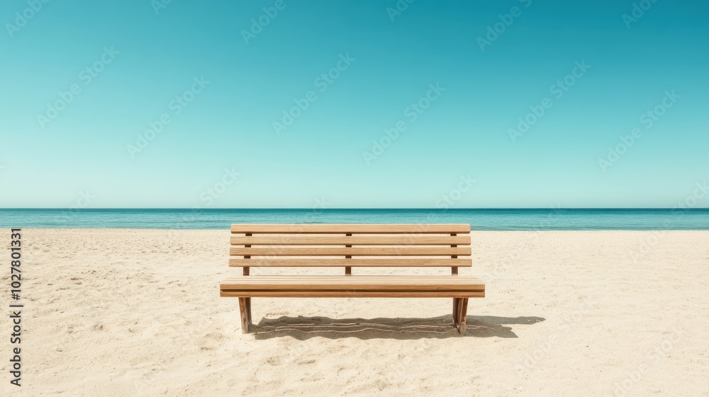 A solitary wooden bench sits on the sandy beach gazing at the expansive ocean. The scene inspires reflection, solitude, and peaceful thoughts, ideal for mindfulness. A solitary wooden bench sits on the sandy beach gazing at the expansive ocean. The scene inspires reflection, solitude, and peaceful thoughts, ideal for mindfulness.