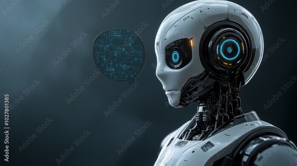 A futuristic robot with a speech bubble, suggesting communication or AI interaction. A futuristic robot with a speech bubble, suggesting communication or AI interaction.