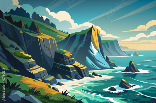 A rugged coastline with towering cliffs and crashing waves, leading to a secluded cove