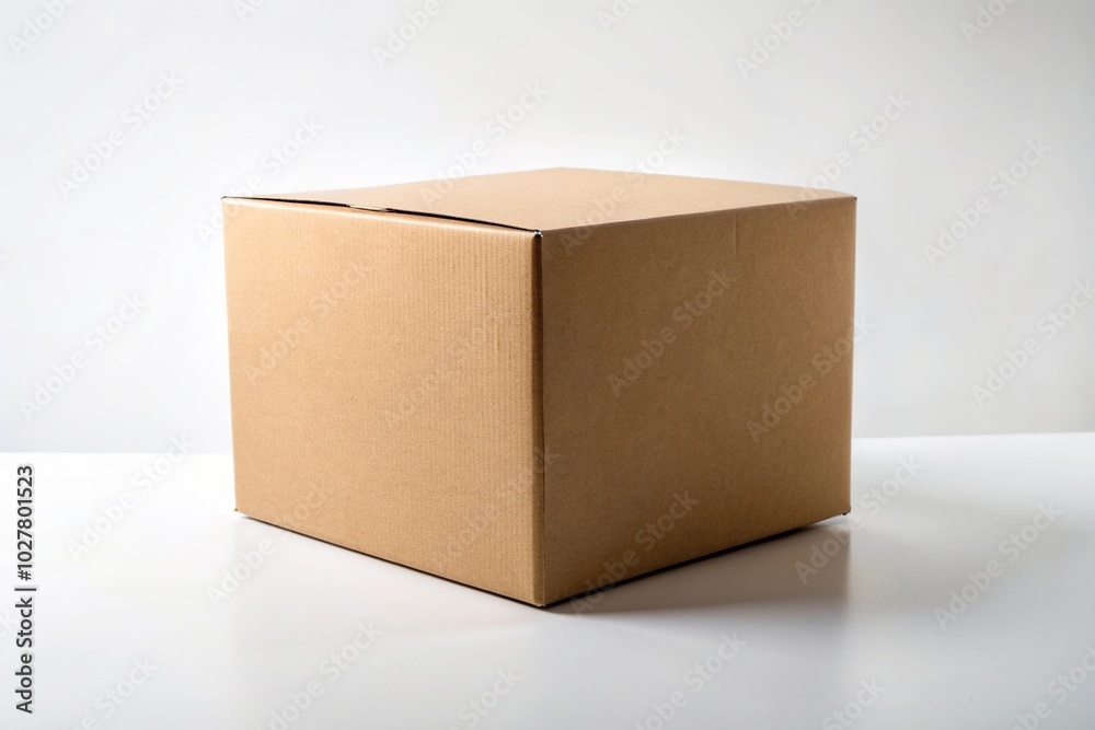 Cardboard box with an asymmetrical shape is placed on a clean white background reflecting its contents, minimal, plain, packaging, fragile, corrugated, white background, minimalism Cardboard box with an asymmetrical shape is placed on a clean white background reflecting its contents, minimal, plain, packaging, fragile, corrugated, white background, minimalism