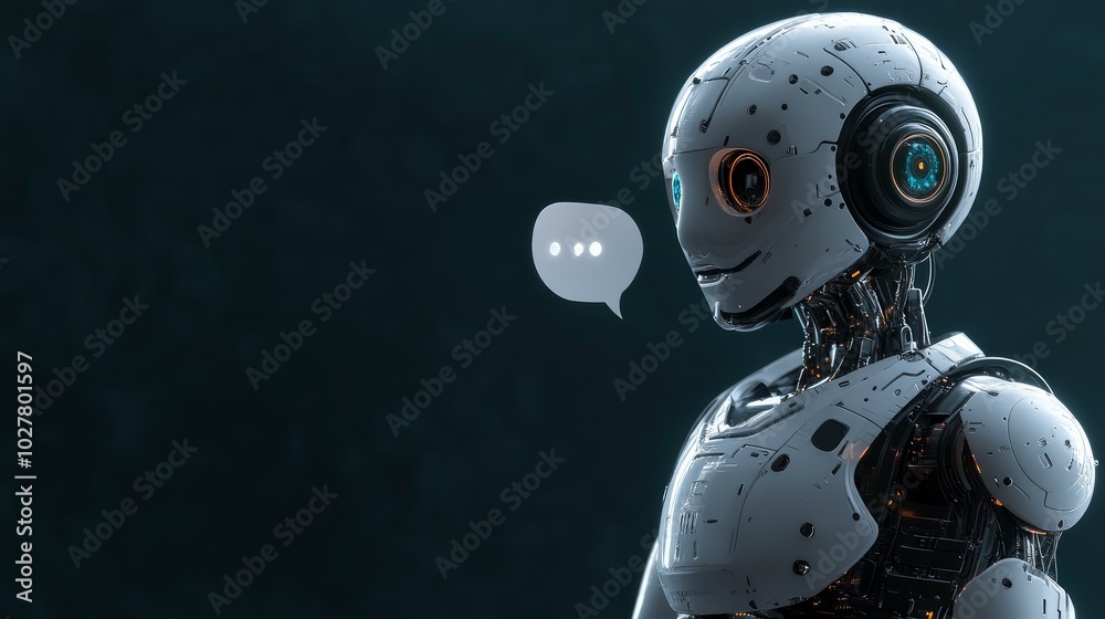 A futuristic robot with expressive features and a speech bubble, symbolizing communication. A futuristic robot with expressive features and a speech bubble, symbolizing communication.