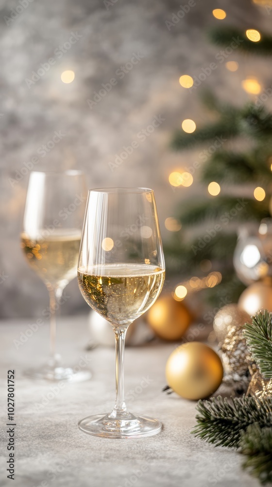 Festive New Year celebration featuring sparkling champagne, surrounded by warm golden lights.