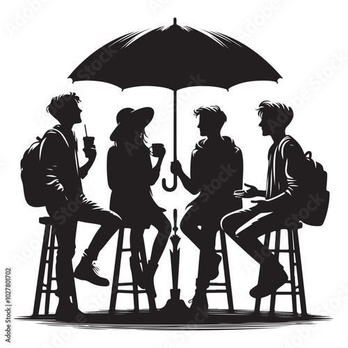 Group of friends in conversation with an umbrella silhouette vector art illustration design black color white background