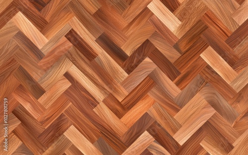 Close-up of herringbone wood flooring, various shades of natural wood, warm and earthy tones, detailed texture, rustic interior design, geometric pattern