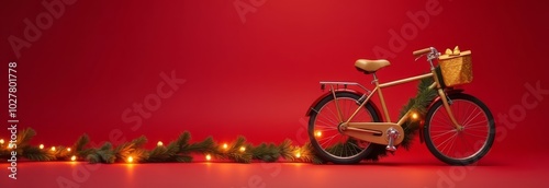 wrapped bicycle decorated for christmas on red background, banner with space for text, gifts for holiday, sport gifts, online gift shop, seasonal sales.