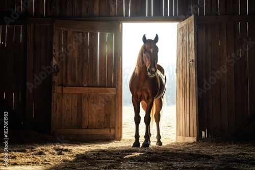 Majestic brown horse is standing at the open door of a stable, illuminated by the sun shining through the doorway photo