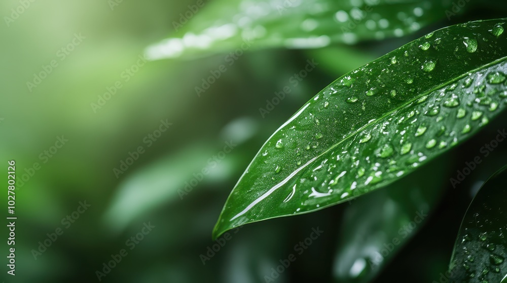 Close-up photograph of vibrant green leaves adorned with glistening raindrops, set against a dreamily blurred natural background creating a serene ambiance. Close-up photograph of vibrant green leaves adorned with glistening raindrops, set against a dreamily blurred natural background creating a serene ambiance.