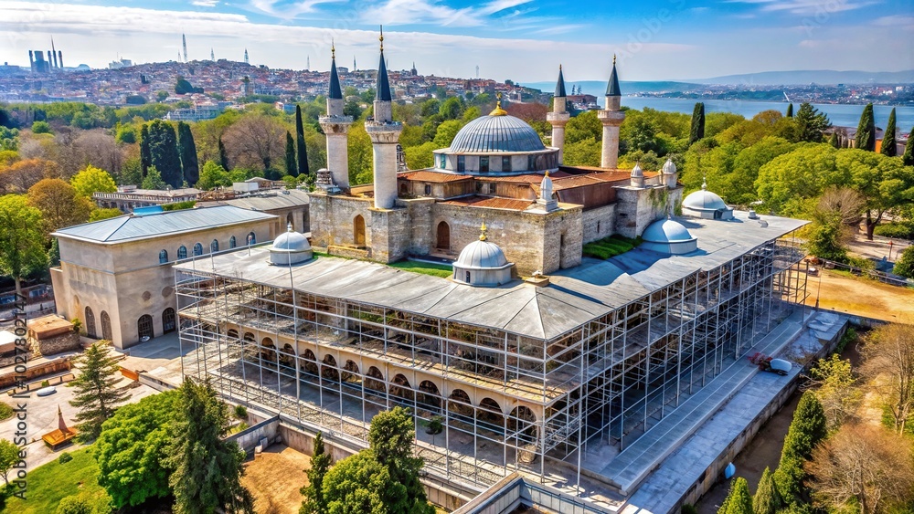 Fototapeta premium renovation site, Turkey, renovation works, plastic, Ottoman Empire, Renovation of a section of the historic Topkapi Palace enveloped in plastic and scaffolding as seen from a high angle