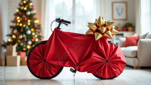 wrapped in red bicycle decorated for christmas in living room near christmas tree, surprise gift for holiday, sport gifts, online gift shop, happy kids.