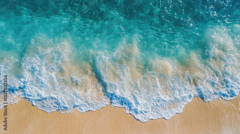 Drone shot of a sunny coastal scene featuring turquoise water, gentle waves, and a stretch of golden sand