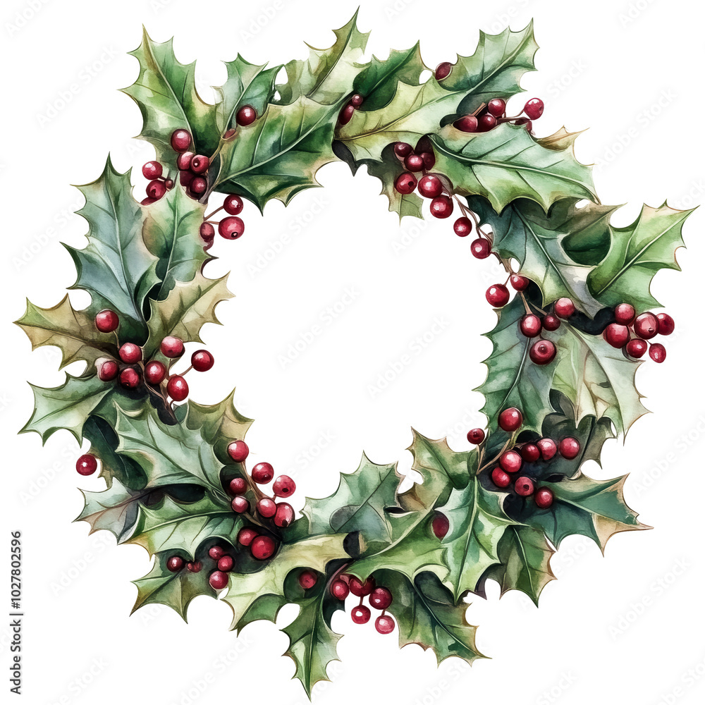 A festive wreath decorated with holly leaves and red berries, symbolizing winter celebrations and holiday cheer A festive wreath decorated with holly leaves and red berries, symbolizing winter celebrations and holiday cheer