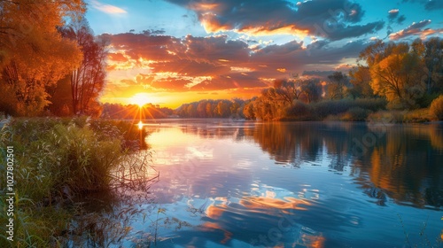 As the sun sets, the sky bursts with warm colors, illuminating the tranquil waters and surrounding trees in a picturesque autumn setting. Generative AI