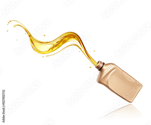 Splashes of engine oil pouring from a plastic bottle isolated on white background