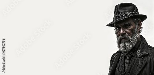 horizontal banner dramatic portrait of old bearded detective in a hat on a white background cinematic light with empty space for text and design