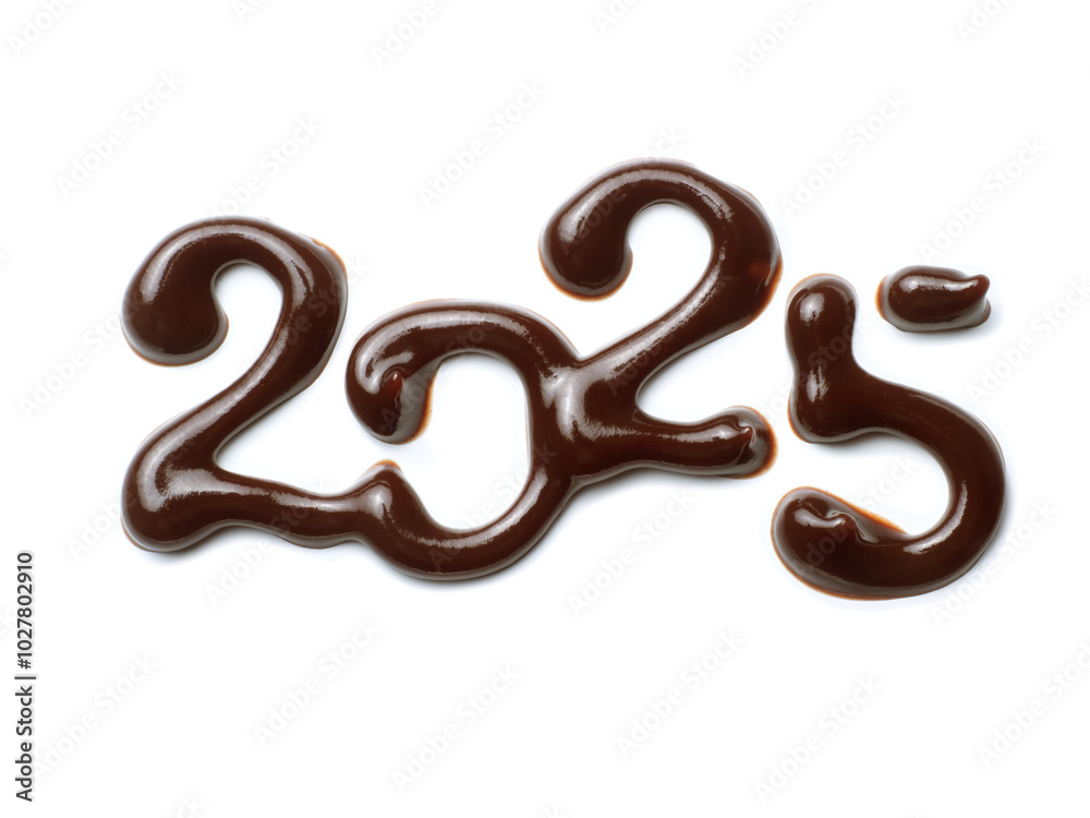 Date of the New Year 2025 drawn with melted chocolate close up isolated on a white background