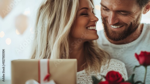 Wallpaper Mural A joyful couple sharing a warm smile while holding a wrapped gift and a bouquet of roses, symbolizing love and happiness in a bright, cheerful setting. Torontodigital.ca