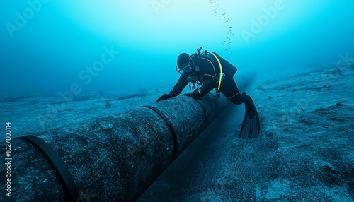 Diver working on a submerged pipeline in deep waters, underwater repairs, ocean engineering, scuba gear, detailed underwater scene