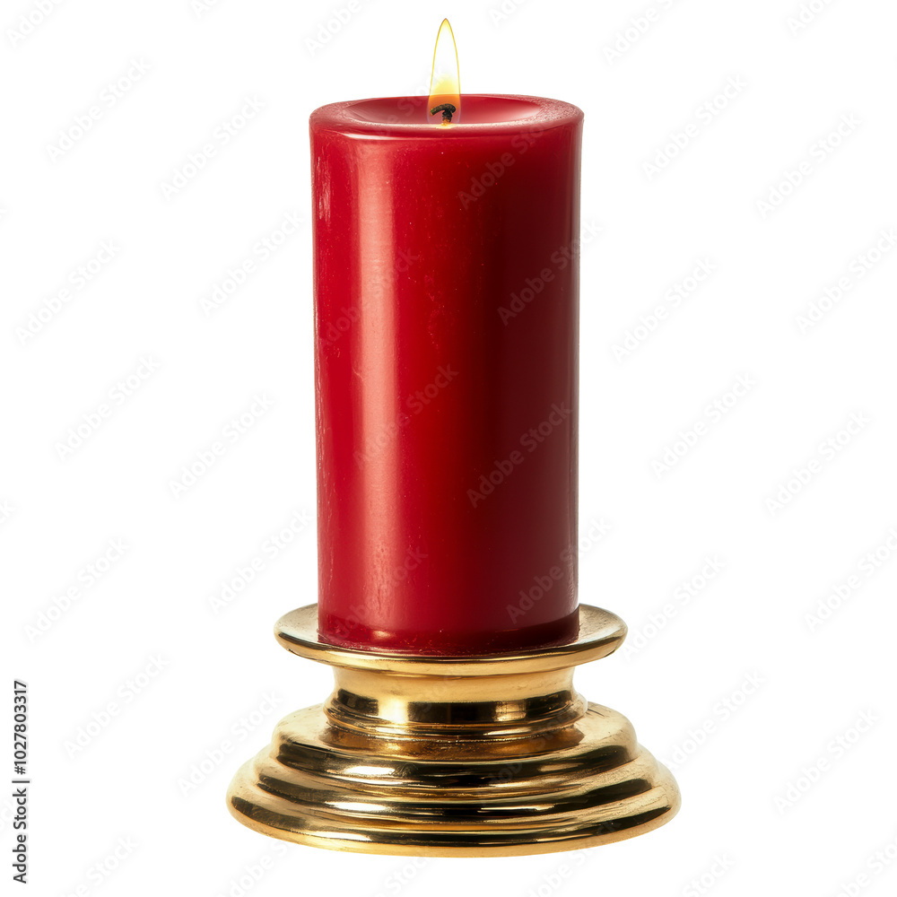 A red pillar candle sits atop a gold candle holder. The flame flickers gently, creating a warm and inviting ambiance A red pillar candle sits atop a gold candle holder. The flame flickers gently, creating a warm and inviting ambiance