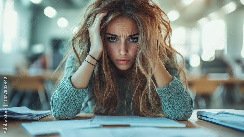 A frustrated woman wearing a sweater is seated at a desk in a cluttered office space, with both hands gripping her hair as she gazes intensely at scattered paperwork. A frustrated woman wearing a sweater is seated at a desk in a cluttered office space, with both hands gripping her hair as she gazes intensely at scattered paperwork.
