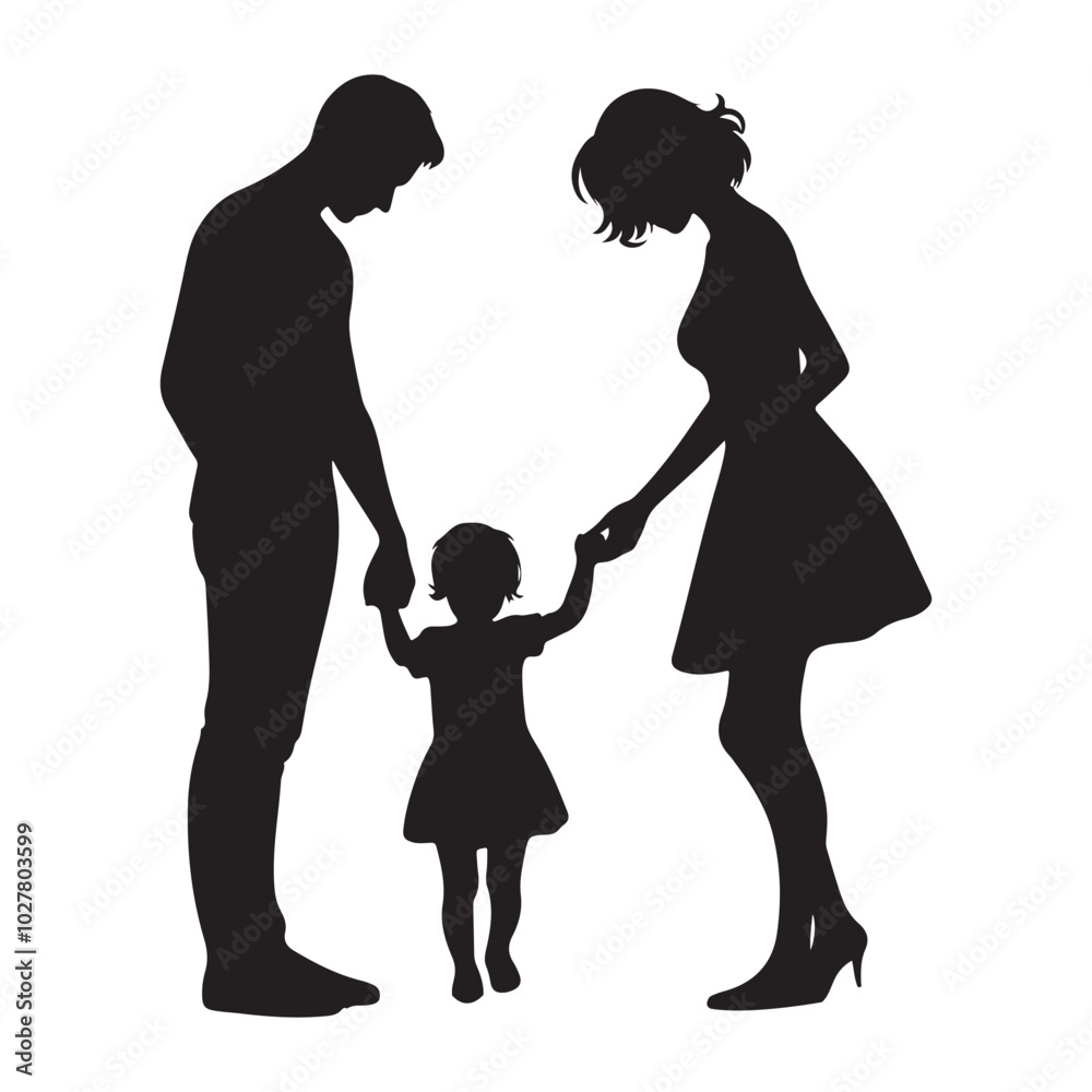 Parents and baby holding hands silhouette vector art illustration design black color white background Parents and baby holding hands silhouette vector art illustration design black color white background