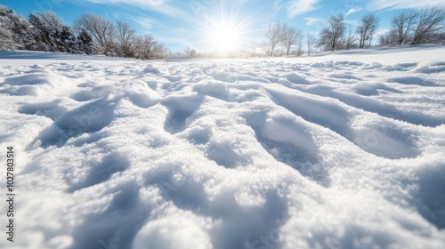 A vast snow-covered field glows under the bright sun, with barren trees lining the horizon, capturing the beauty and tranquility of a winter landscape.