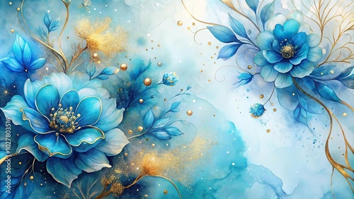 Fototapeta Naklejka Na Ścianę i Meble -  Extreme close-up elegant blue flowers alcohol ink background with gold glitter elements