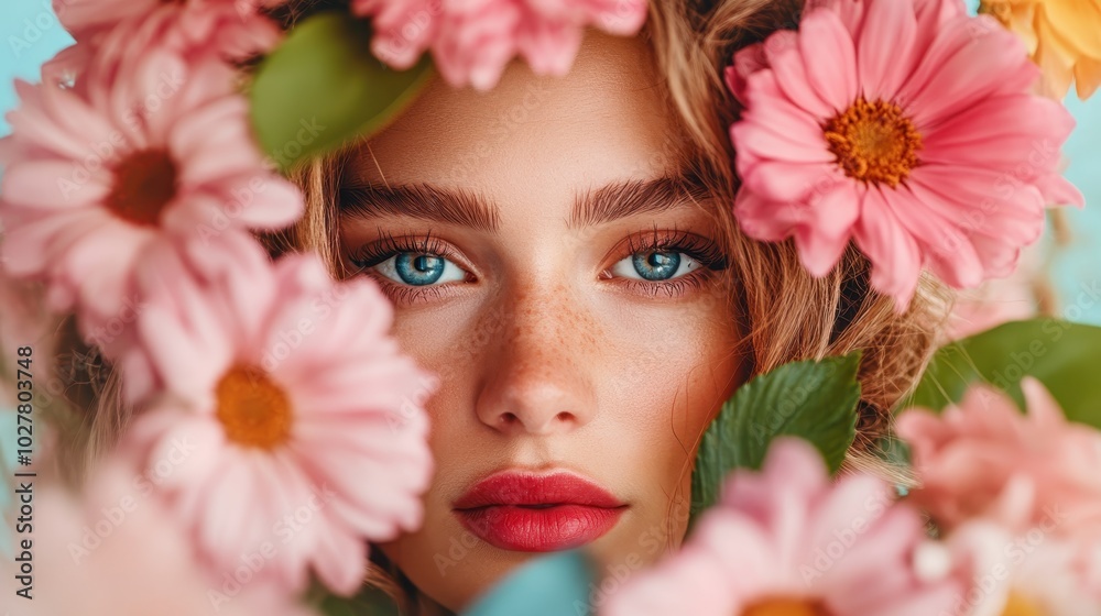 A stunning woman with freckles and bright blue eyes is surrounded by vibrant, colorful flowers, creating a visually striking and artistic floral frame. A stunning woman with freckles and bright blue eyes is surrounded by vibrant, colorful flowers, creating a visually striking and artistic floral frame.