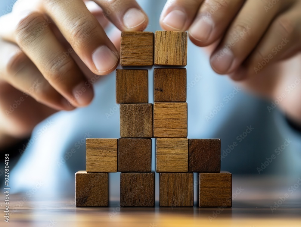 close-up view of hands skillfully arranging wooden blocks to symbolize business development and success, with a blurred background emphasizing focus and determination in growth concepts close-up view of hands skillfully arranging wooden blocks to symbolize business development and success, with a blurred background emphasizing focus and determination in growth concepts