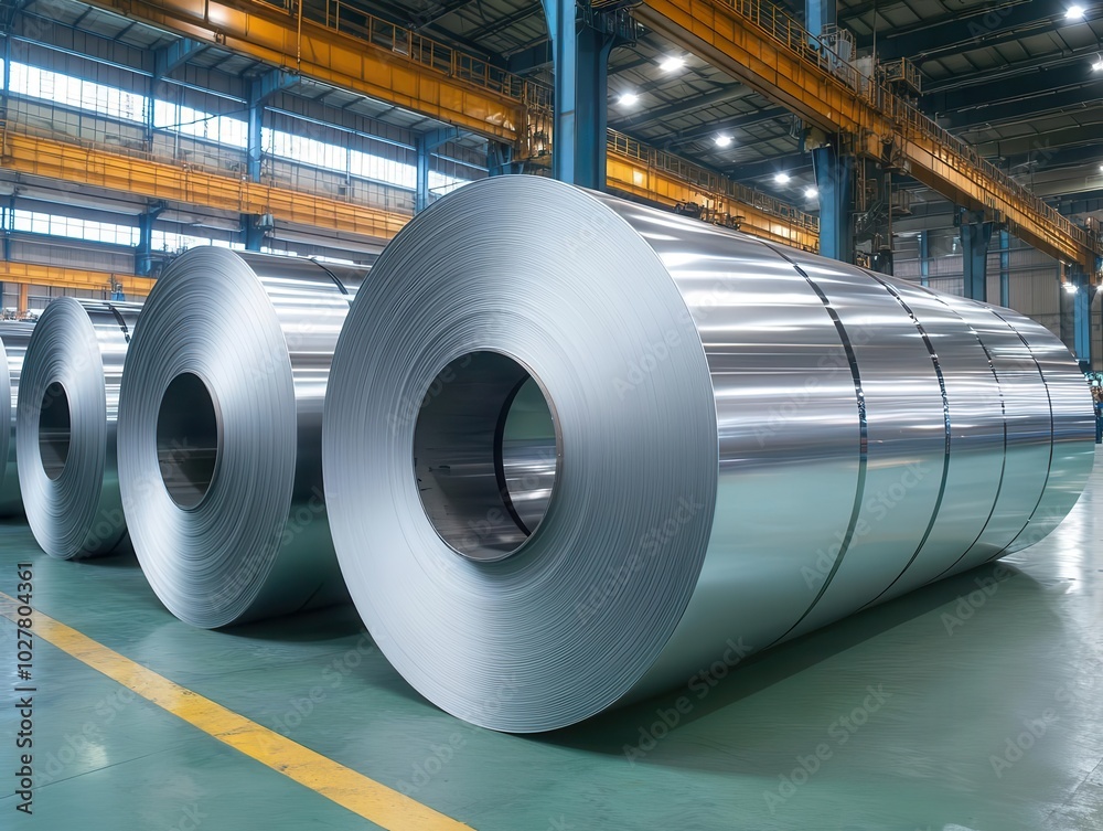 cold rolled steel coils and stainless steel sheets neatly arranged in a spacious warehouse, highlighting the industrial strength and efficiency of the steel manufacturing process